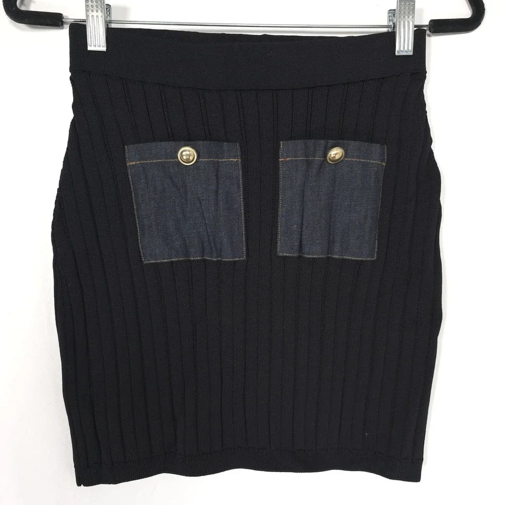 ANTHROPOLOGIE MAEVE Women's New SMALL Denim Pocket Knit Mini Skirt Black 4120